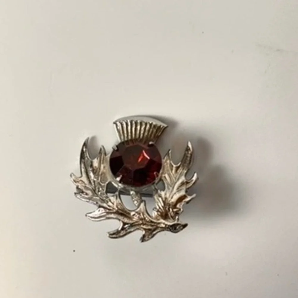 Vintage Scottish Thistle Brooch Red Rhinestone Silver Tone Pin Celtic Statement